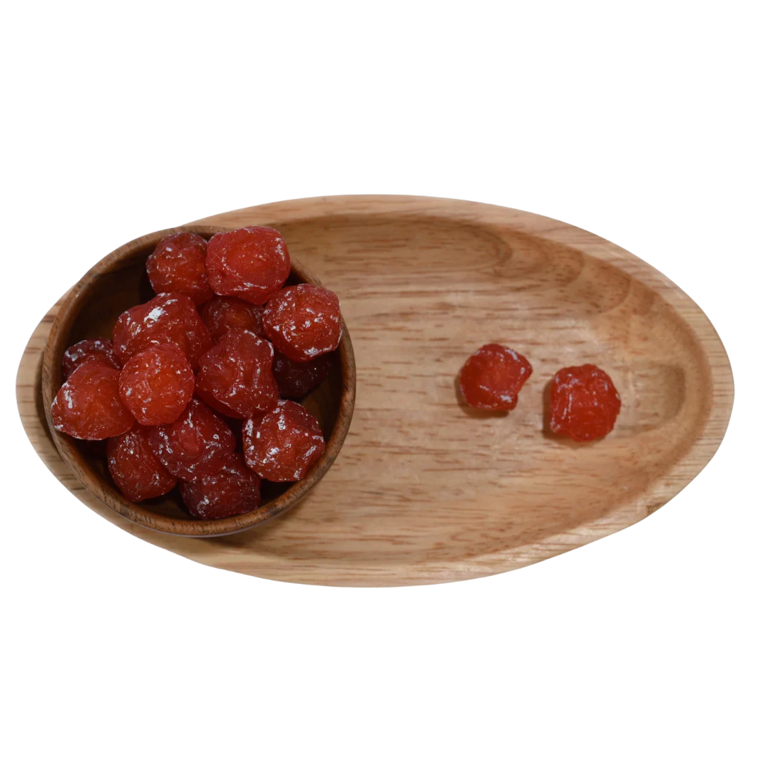 Freshly packed Dried Roseberry Plums in a wooden bowl, perfect for healthy snacking and gourmet gifting.