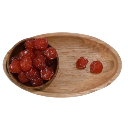Freshly packed Dried Roseberry Plums in a wooden bowl, perfect for healthy snacking and gourmet gifting.