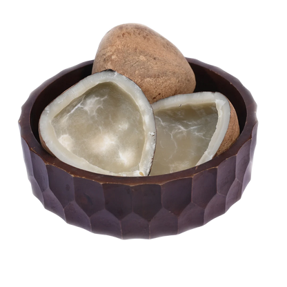 Premium quality Dry Coconut Halves / Copra arranged in a rustic wooden bowl, perfect for cooking or snacking.