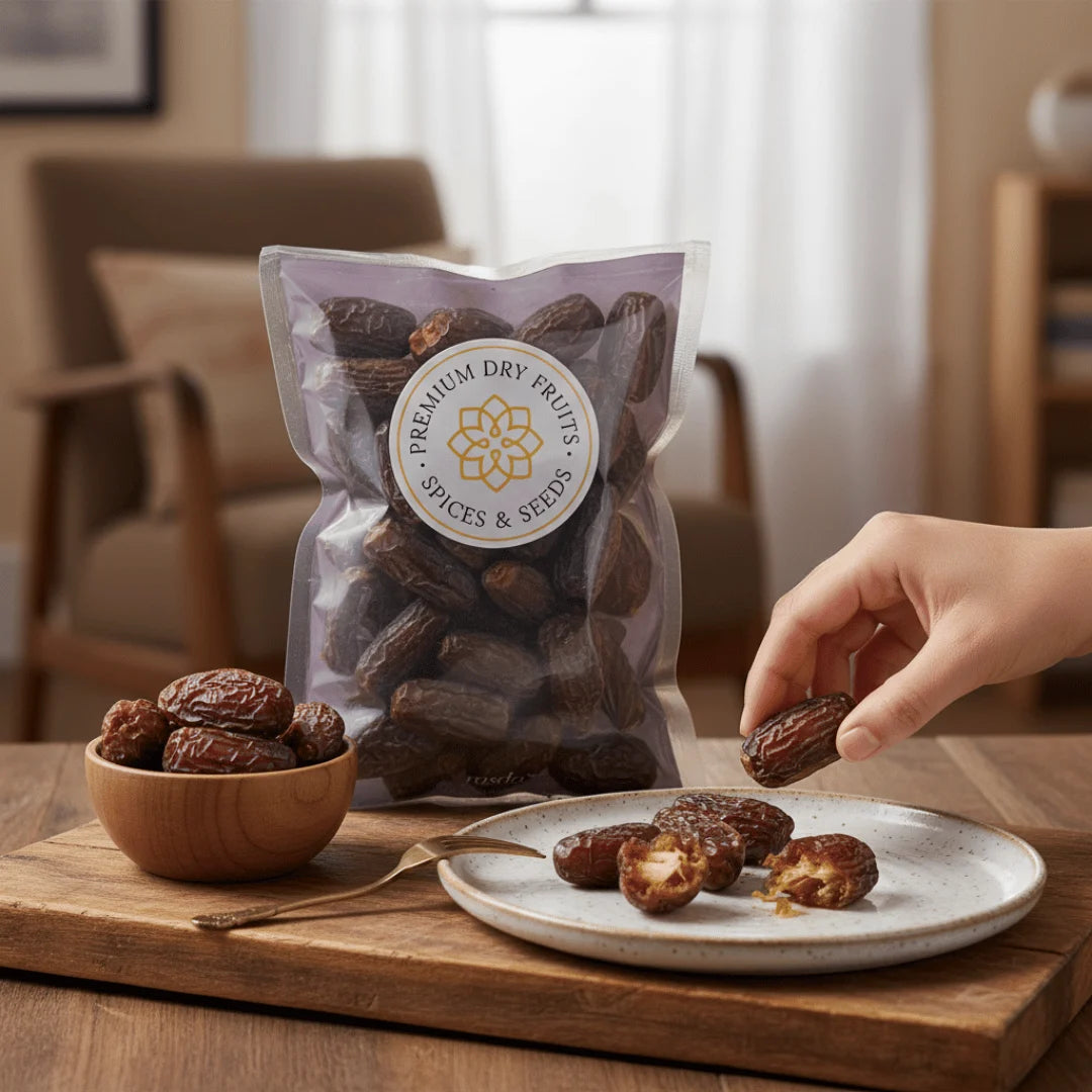Hand picking a date from a plate with a bag of Black Dry Dates on a wooden table.