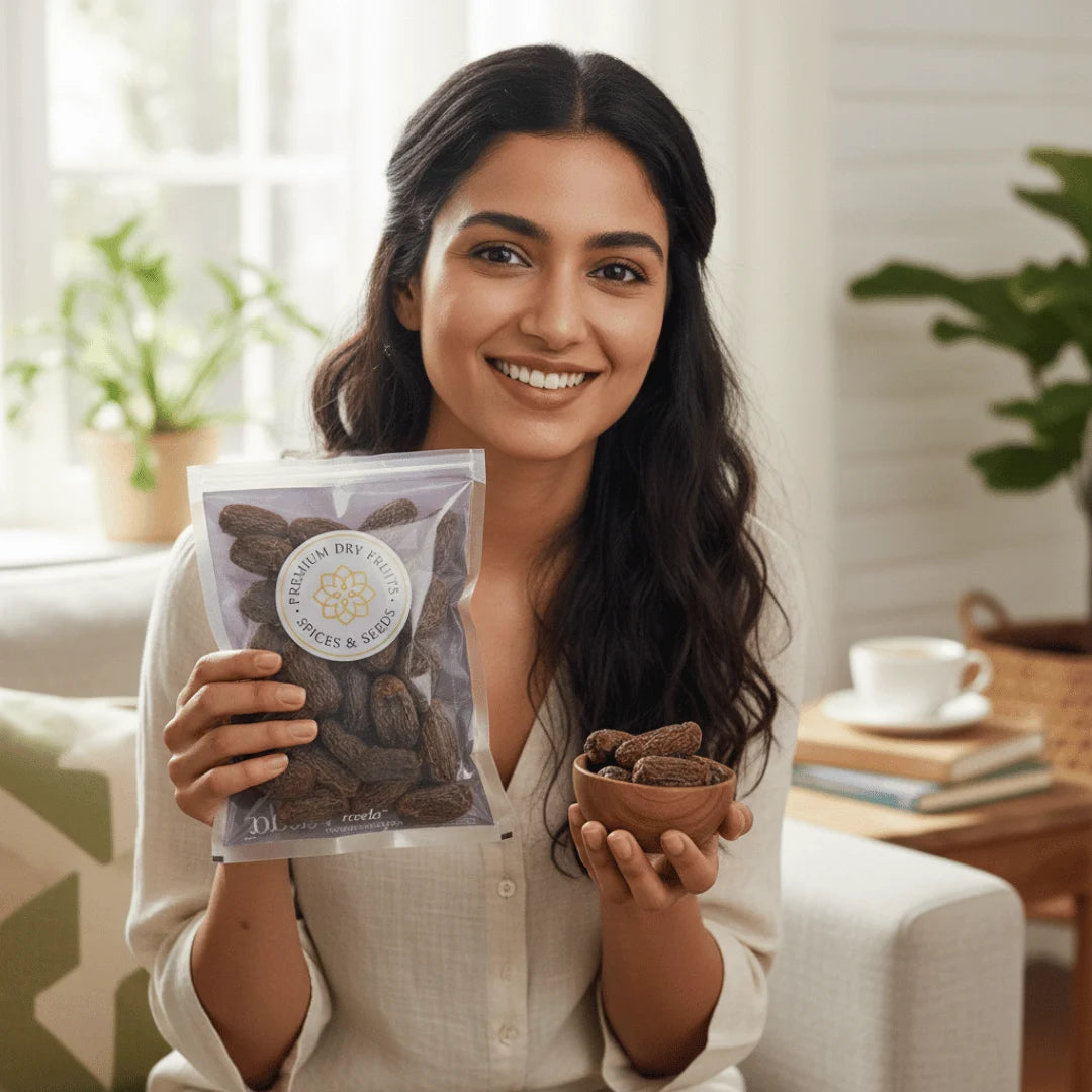 Woman holding a package and a bowl of Black Dry Dates in a cozy indoor setting.