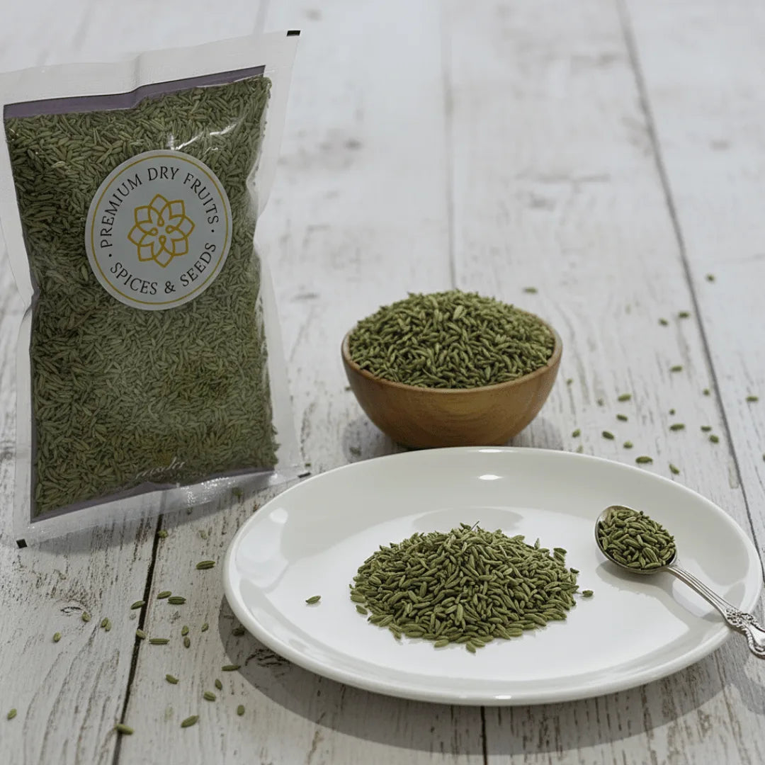 Fennel seeds lucknow on a white plate with a spoon, next to a wooden bowl and packaging on a wooden surface.
