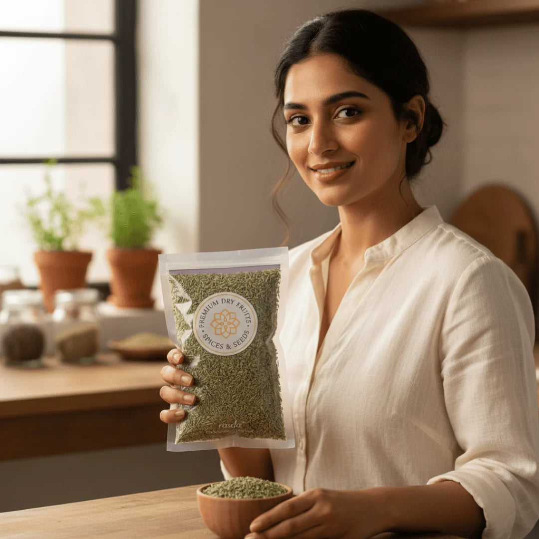 Woman holding a package of green Fennel seeds lucknow in a kitchen setting