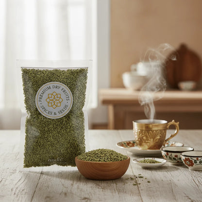 Bag of green Fennel seeds lucknow with a brand logo on a wooden table with tea cups and bowls.