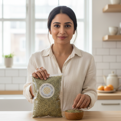 Woman holding a package of fennel seeds in a kitchen