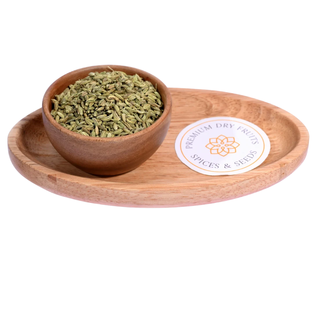 Fennel Seeds / Saunf in a wooden bowl showcase fresh, aromatic seeds for culinary use.