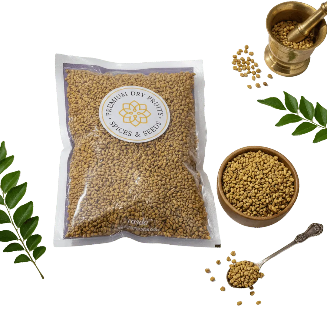 Packaged Fenugreek Seeds with a bowl, spoon, and leaves on a white background
