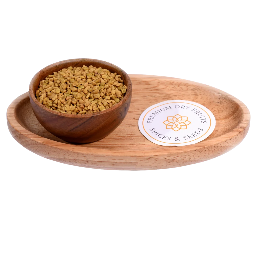 Fenugreek Seeds / Methi Seeds in a wooden bowl showcase fresh, high-quality seeds.