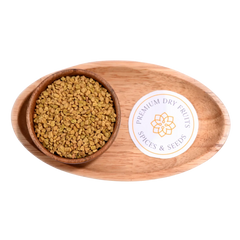 Fenugreek Seeds / Methi Seeds in a wooden bowl showcase fresh, high-quality seeds.