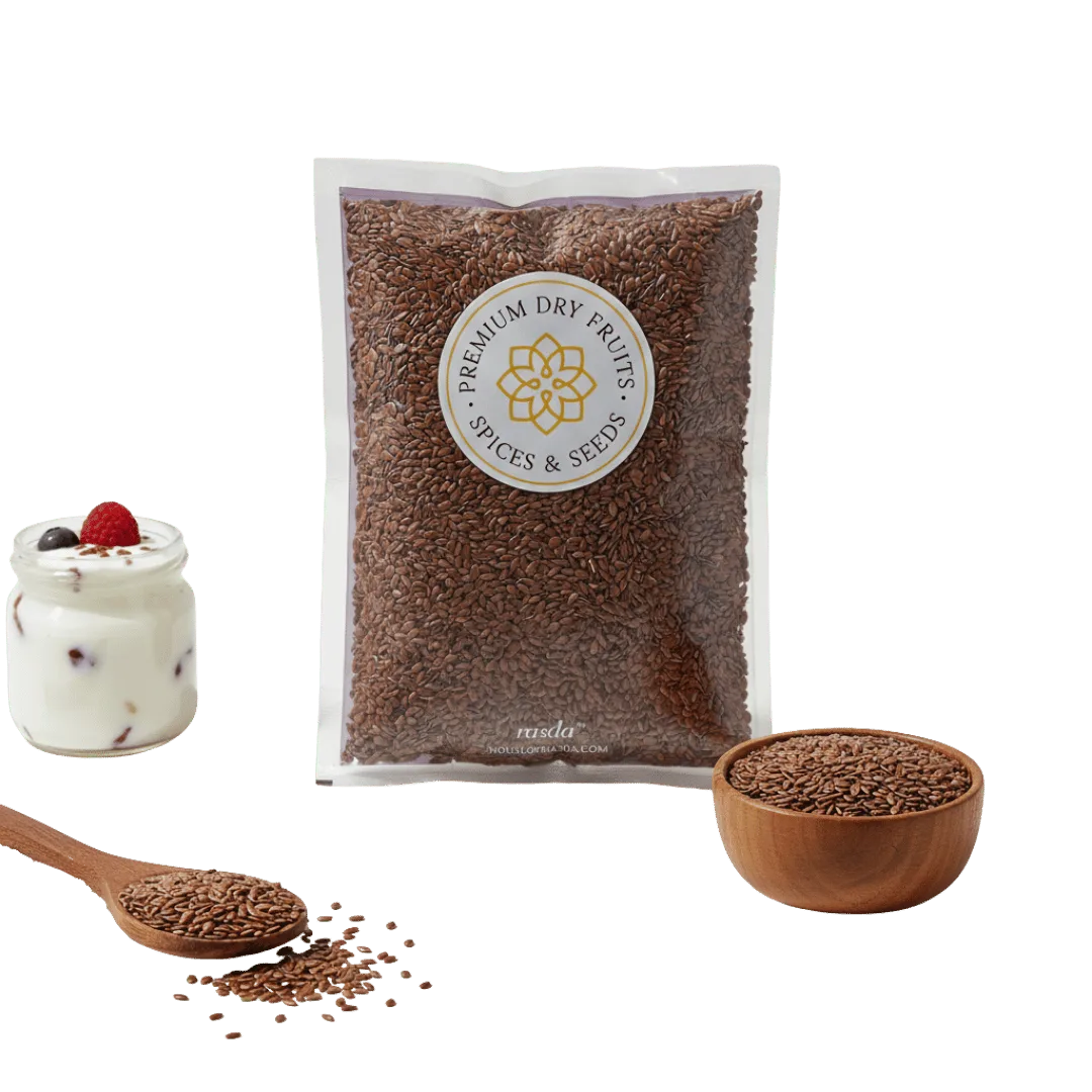 Premium flax seeds (alsi) pack with wooden bowl of flax seeds, spoon, and yogurt topped with seeds on green background