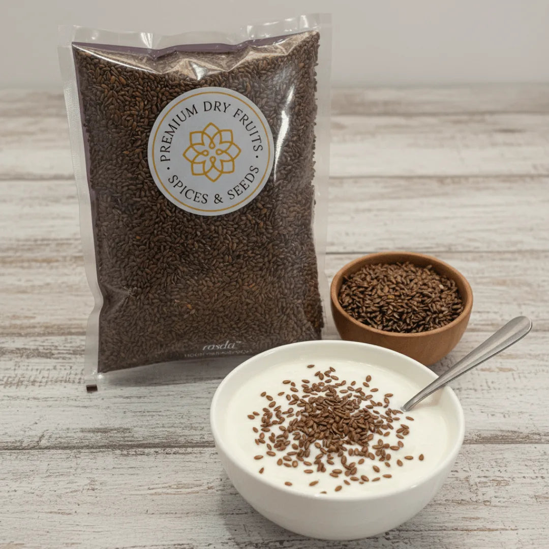 Premium flax seeds (alsi) Roasted & Salted pack with wooden bowl of flax seeds and yogurt topped with flax seeds