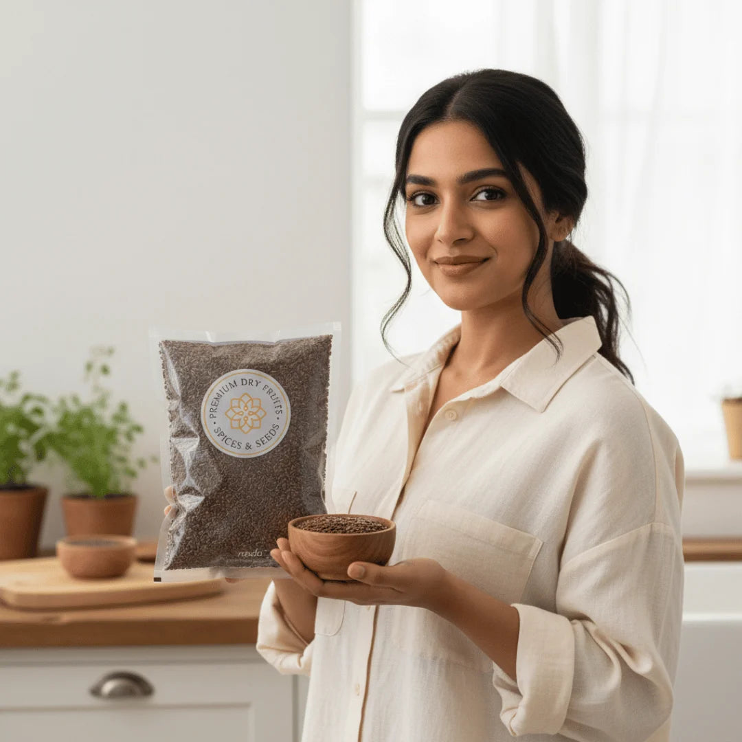 Woman holding premium flax seeds (alsi) Roasted & Salted pack and wooden bowl of flax seeds in a modern kitchen