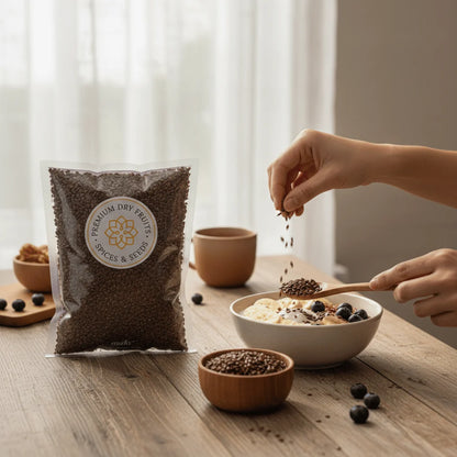Premium flax seeds (alsi) Roasted & Salted being sprinkled on yogurt bowl with fruits, pack and wooden bowl on table