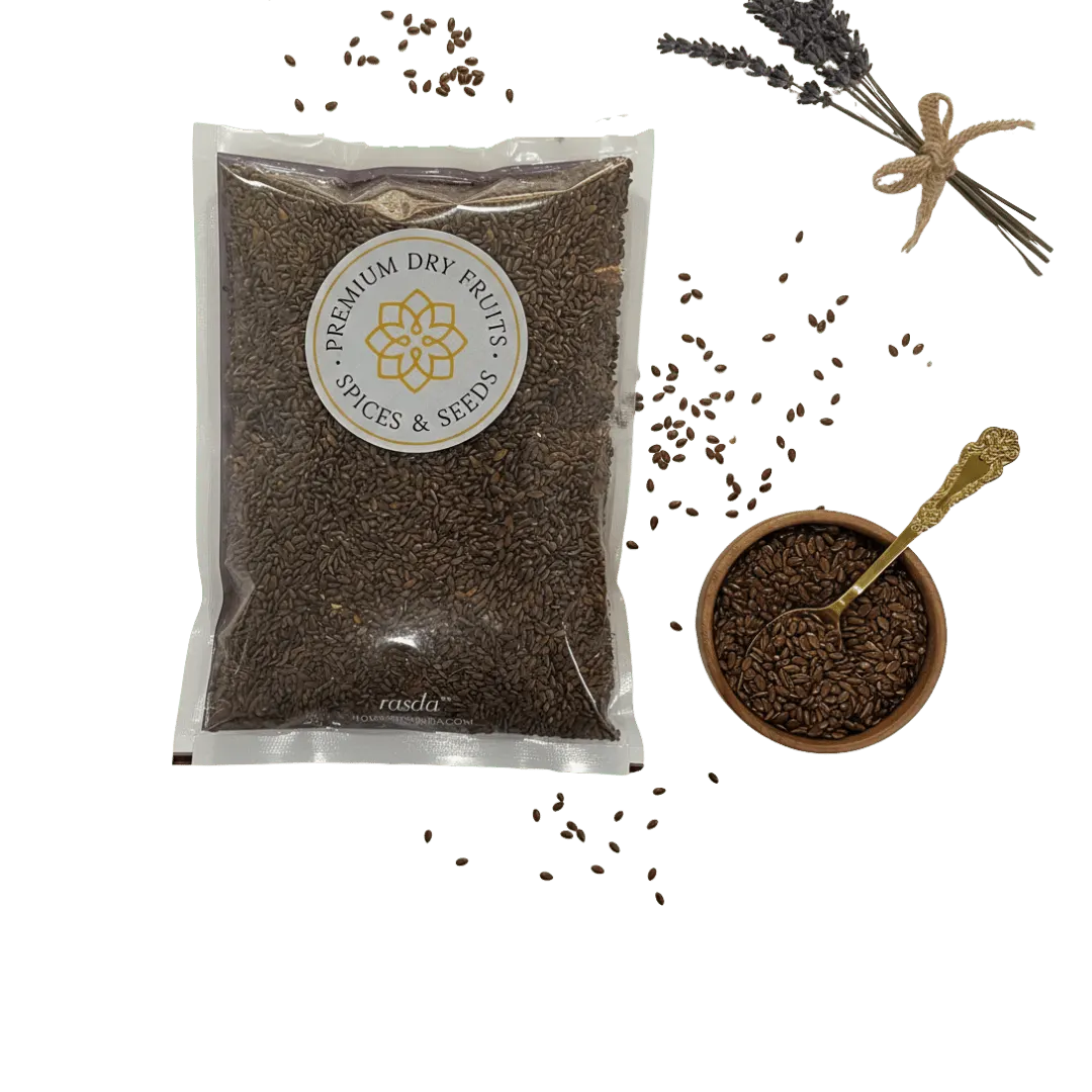 Packaged Flax Seeds (Alsi) – Roasted & Salted with a bowl of spices and a spoon on a white background
