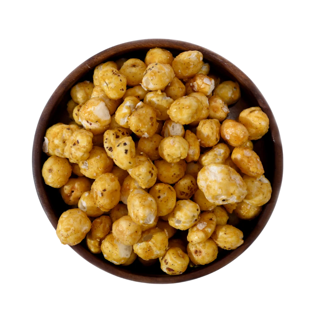 Fox Nuts Caramel Glazed Makhana are beautifully presented in a wooden bowl