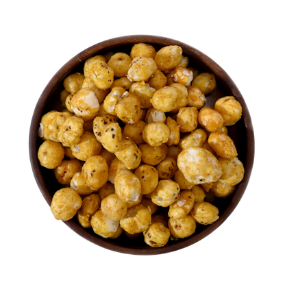 Fox Nuts Caramel Glazed Makhana are beautifully presented in a wooden bowl