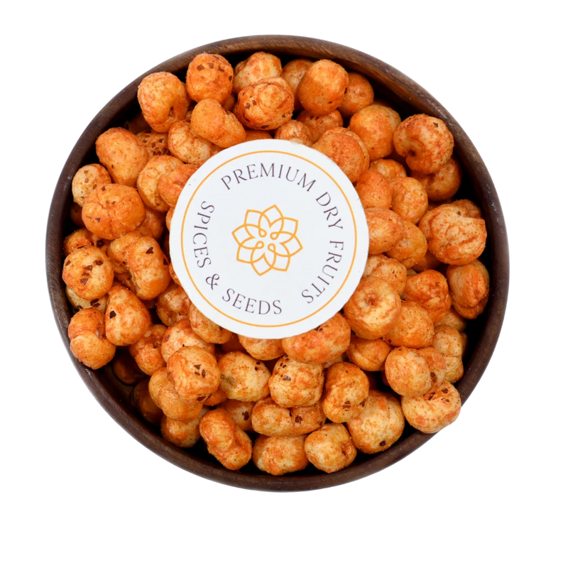 Fox Nuts Fiery Peri Peri Spiced offer a deliciously hot and tangy flavor, showing the crisp roasted texture of premium makhana.