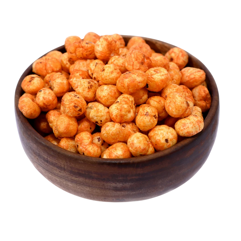 Enjoy the rich taste of Fox Nuts Fiery Peri Peri Spiced, a perfect healthy snack with vibrant orange-red peri peri coating on each nut.