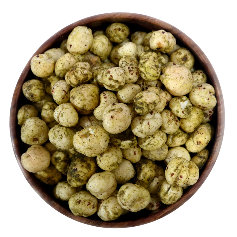 Fox Nuts Minty Pudina Makhana – Premium roasted makhana infused with aromatic mint and herbs, beautifully displayed on a rustic surface.