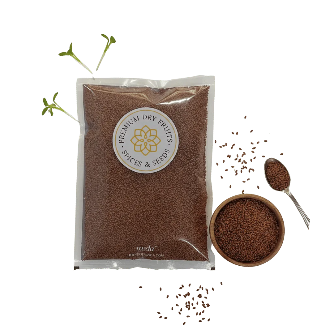 Packaged premium Garden Cress Seeds or Halim seeds with a bowl and spoon on a white background