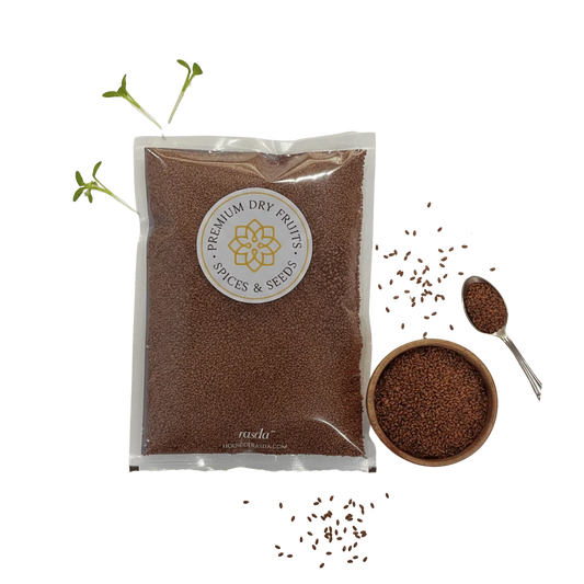 Packaged premium Garden Cress Seeds or Halim seeds with a bowl and spoon on a white background