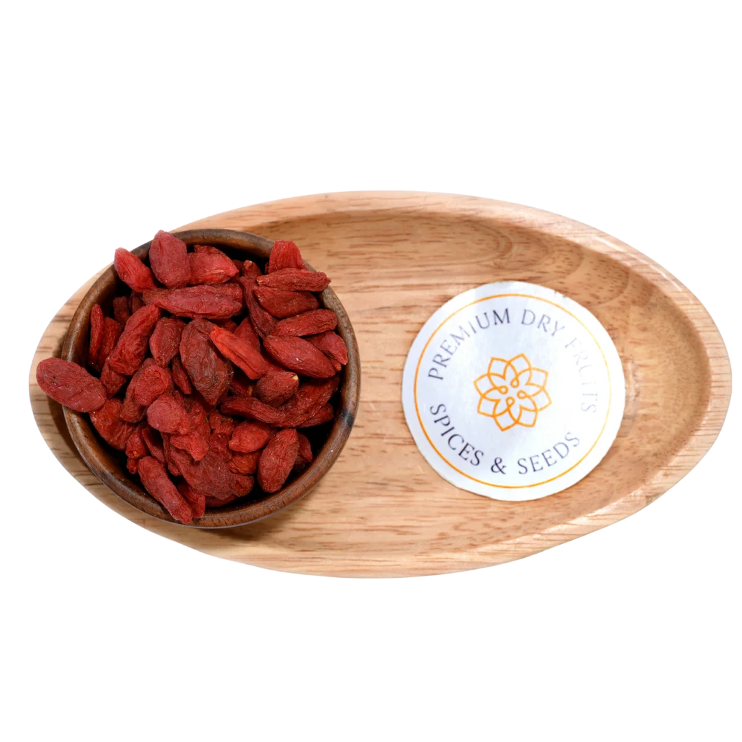 Goji Berries Dried close-up view highlighting their rich color and slightly wrinkled surface.