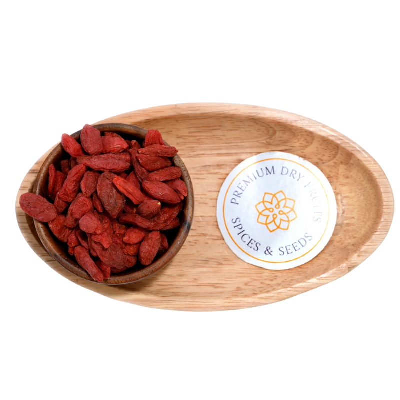 Goji Berries Dried close-up view highlighting their rich color and slightly wrinkled surface.