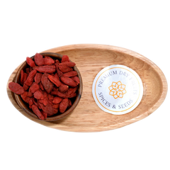 Goji Berries Dried close-up view highlighting their rich color and slightly wrinkled surface.