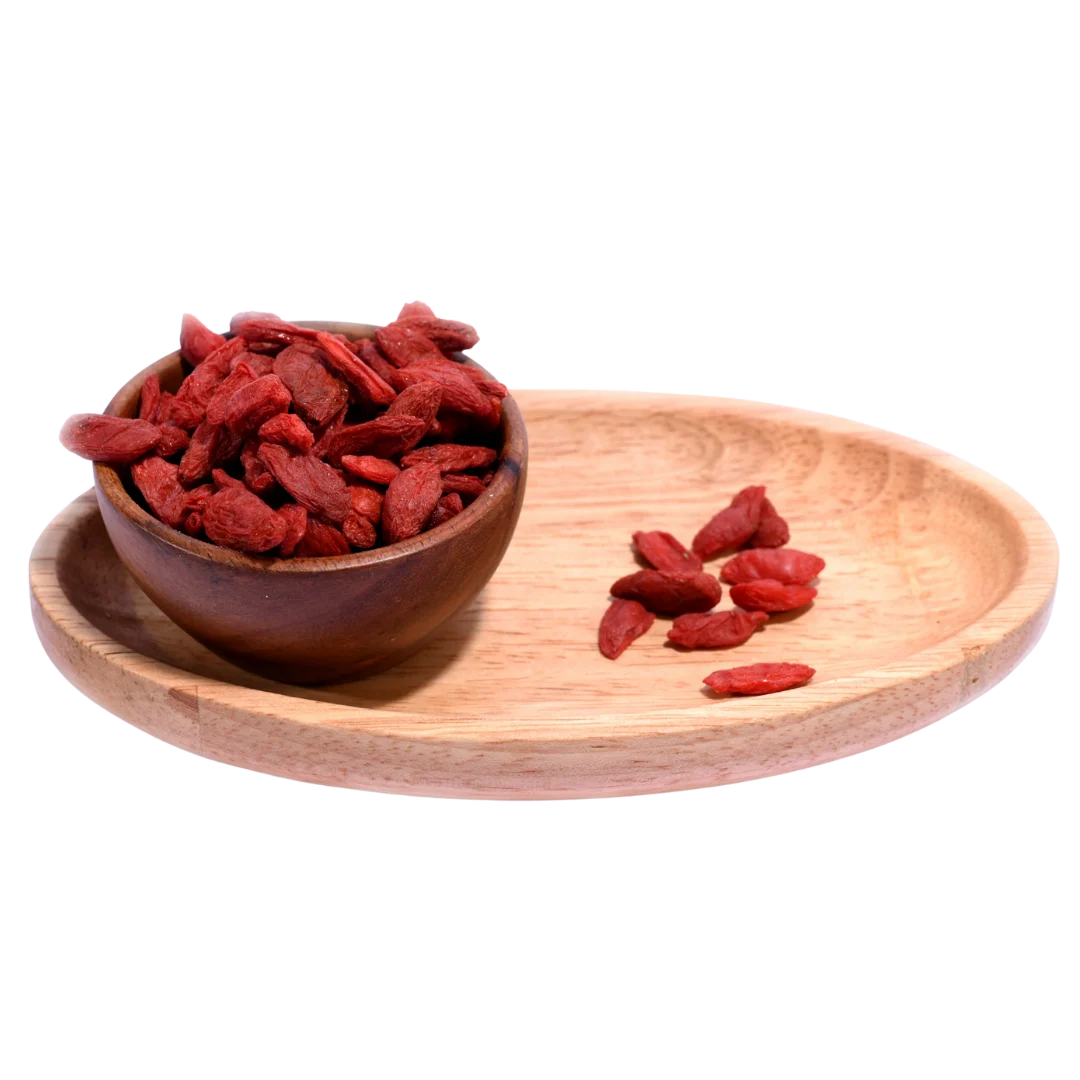 Goji Berries Dried displayed in a rustic wooden bowl emphasizing premium quality and freshness.