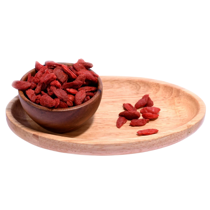 Goji Berries Dried displayed in a rustic wooden bowl emphasizing premium quality and freshness.