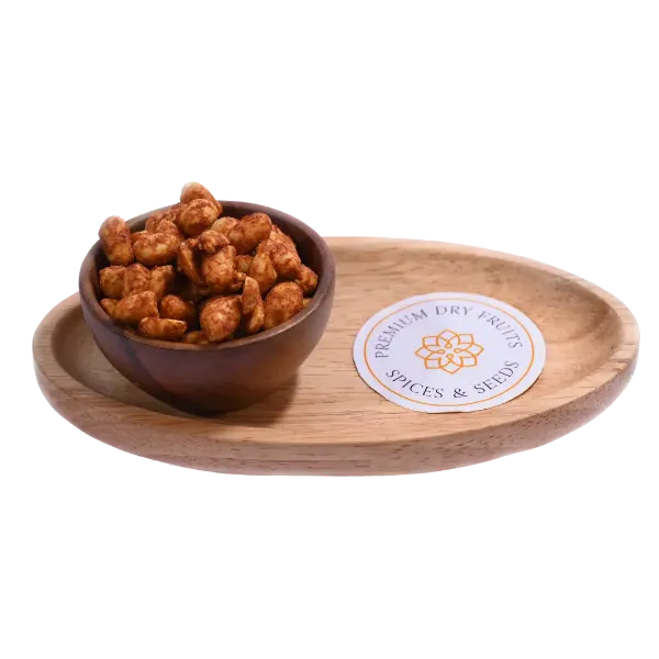Peri Peri Peanuts or Moong Phalee Roasted Premium in Wooden Bowl – Spicy Tangy Flavored Snack Rich in Protein