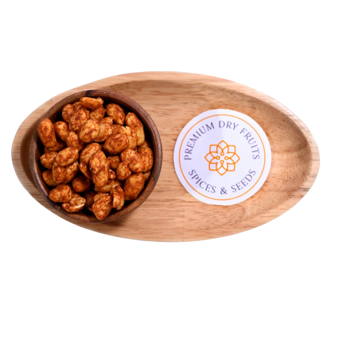 Spicy Peri Peri Flavored Roasted Peanuts or Moong Phalee in Wooden Bowl – Crunchy Healthy Protein Snack Buy Online