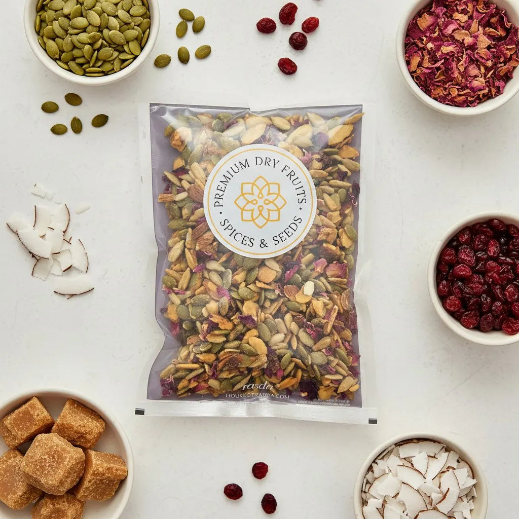 Gur Mewa Mix Packed showcasing traditional jaggery with almonds, seeds, cranberries and edible rose petals