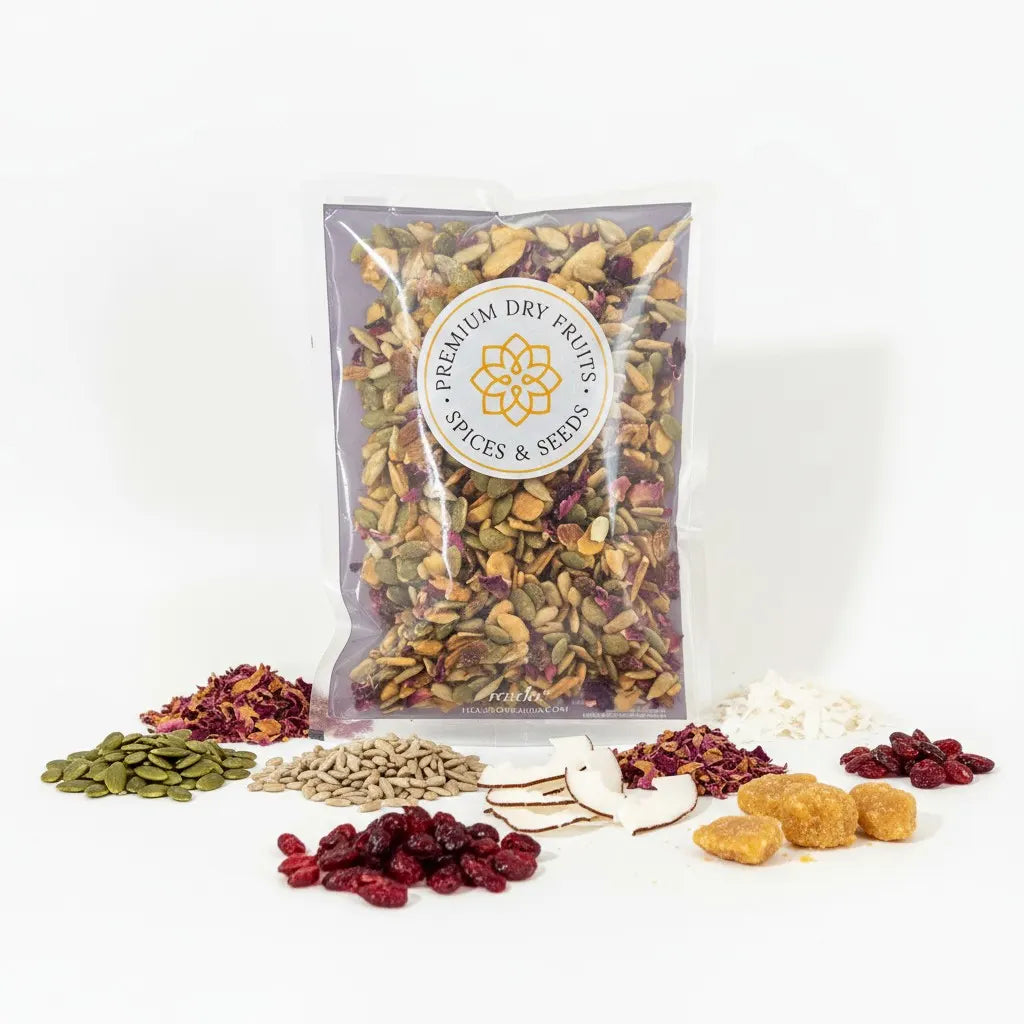 Gur Mewa Mix showing artisanal jaggery blended with coconut flakes, almond slivers, pumpkin seeds, sunflower seeds, cranberries and rose petals.