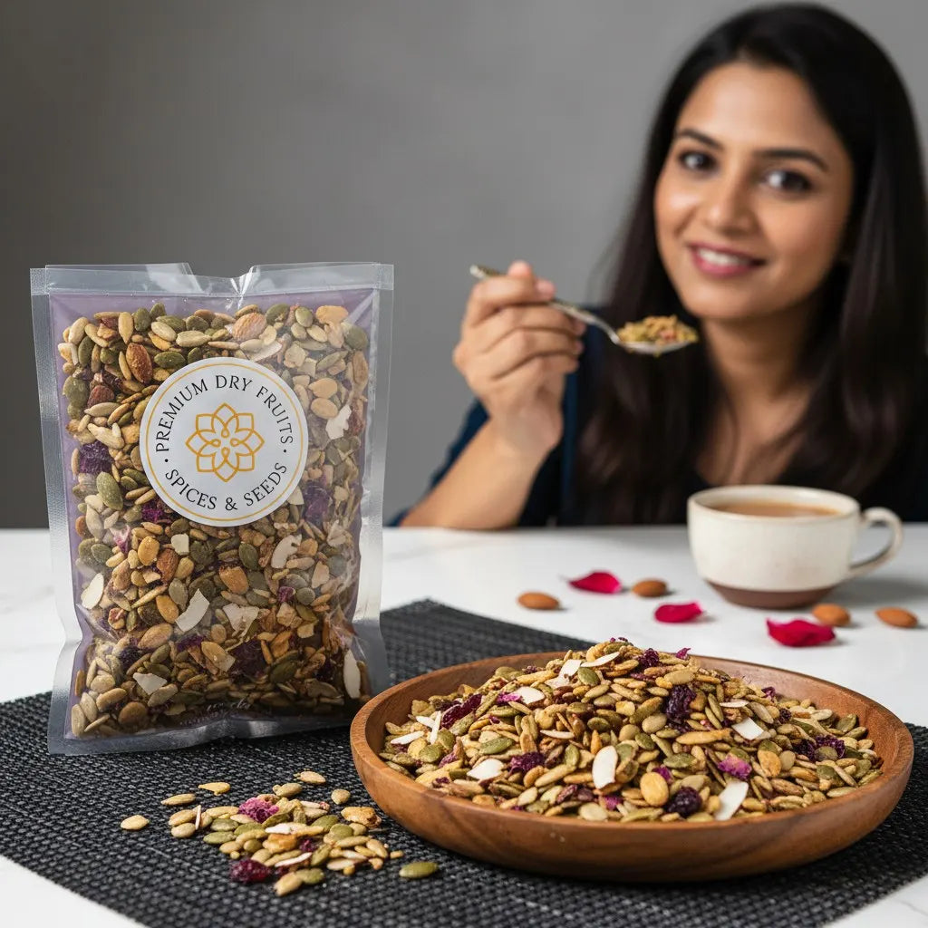 Woman enjoying a wooden bowl of Gur Mewa Mix.