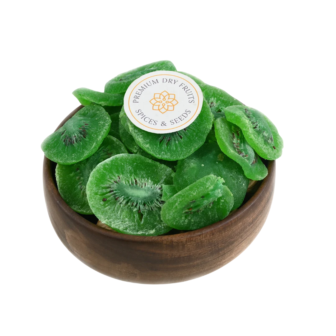 Kiwi Dried Fruit slices arranged in a wooden bowl on a natural background.