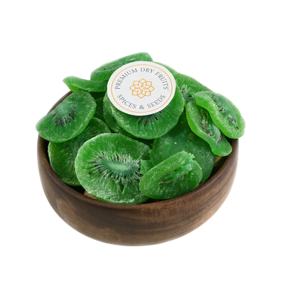 Kiwi Dried Fruit slices arranged in a wooden bowl on a natural background.