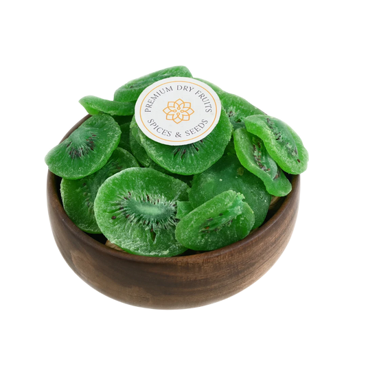 Kiwi Dried Fruit slices arranged in a wooden bowl on a natural background.