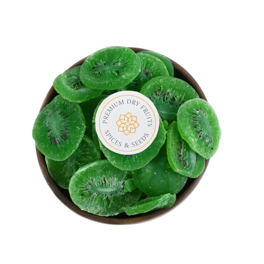 Close-up of vibrant green Kiwi Dried Fruit pieces showing texture and detail.