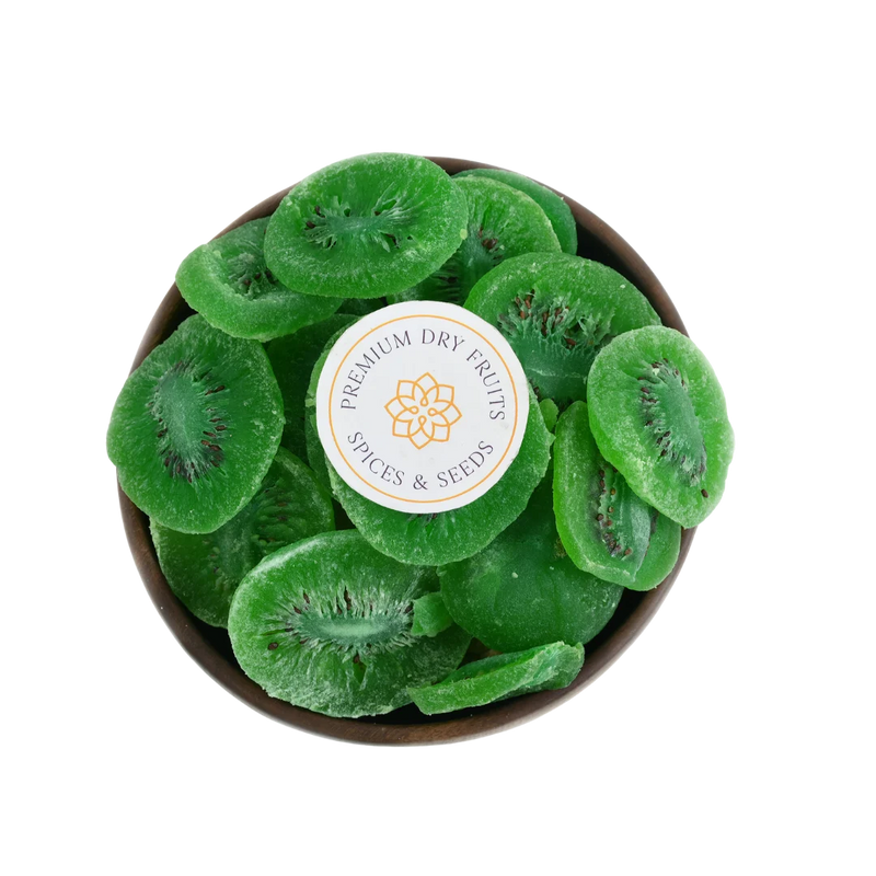 Close-up of vibrant green Kiwi Dried Fruit pieces showing texture and detail.