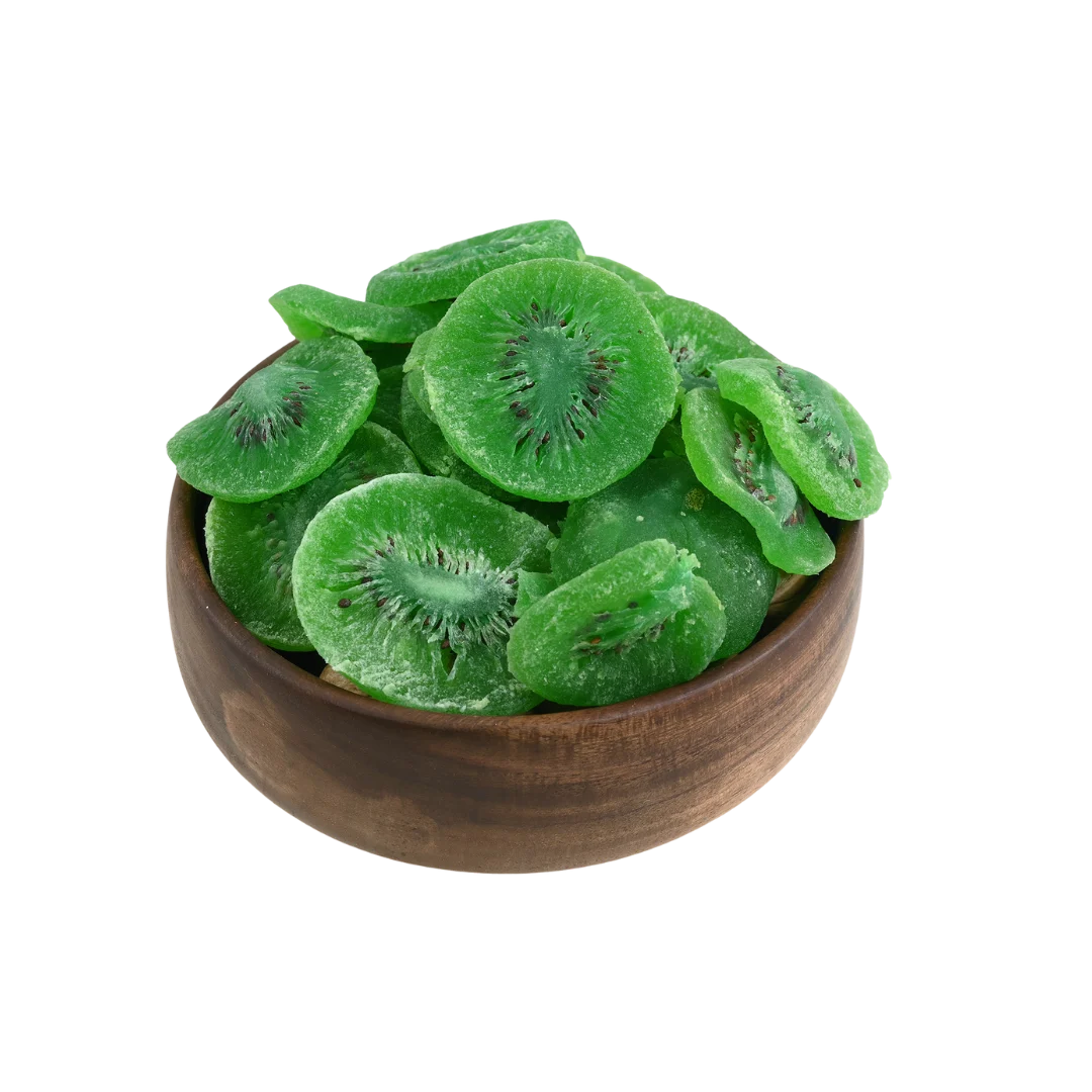 Top view of Kiwi Dried Fruit spread out on a white surface for display