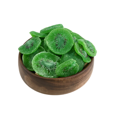 Top view of Kiwi Dried Fruit spread out on a white surface for display