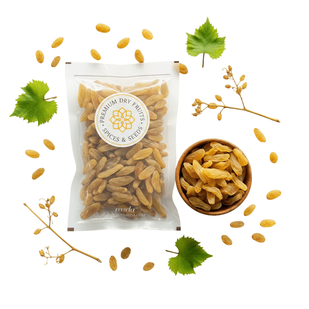 Packaged premium Long Raisins Premium with a bowl of raisins and decorative elements on a white background