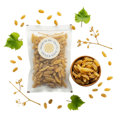 Packaged premium Long Raisins Premium with a bowl of raisins and decorative elements on a white background