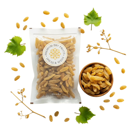 Packaged premium Long Raisins Premium with a bowl of raisins and decorative elements on a white background