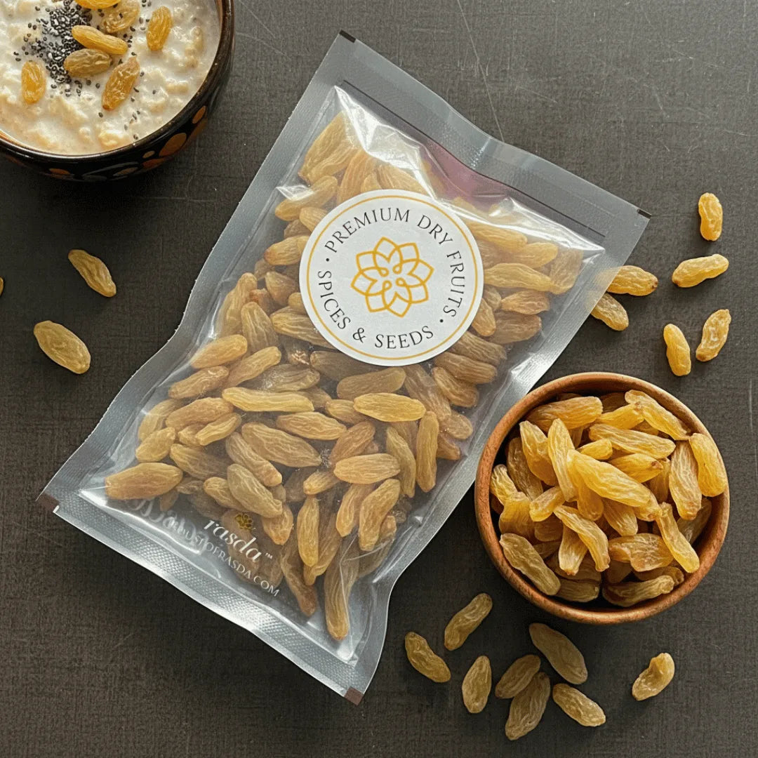 Packaged premium Long Raisins Premium with a bowl of raisins on a dark surface