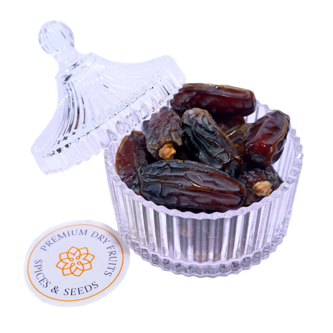 Mabroom Dates Saudi Arabia Premium in Glass Bowl Long Soft Sweet Khajur