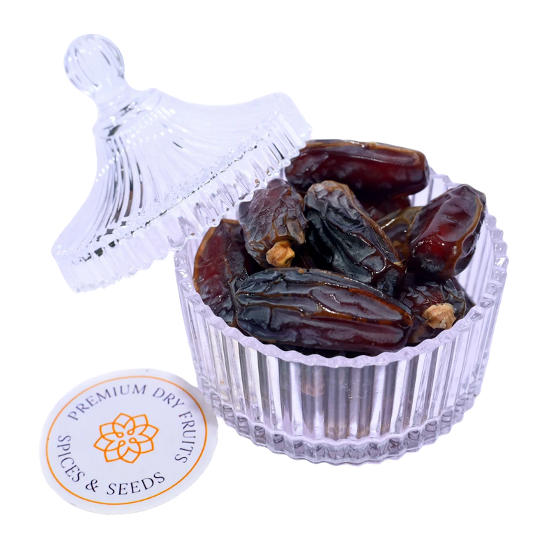 Mabroom Dates Saudi Arabia Premium in Glass Bowl Long Soft Sweet Khajur
