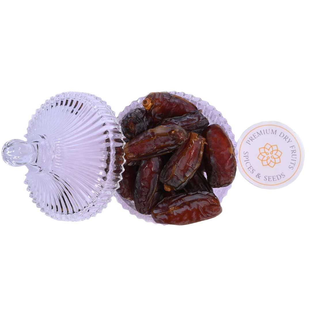 Saudi Arabia Mabroom Dates Premium Quality in Glass Bowl Healthy Dry Fruit Snack