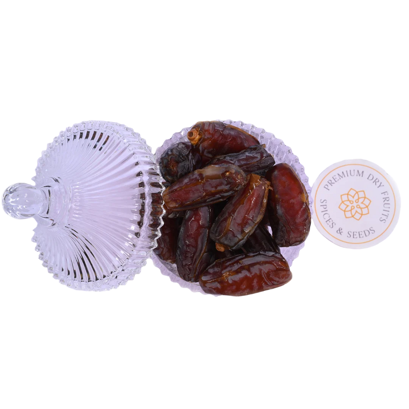 Saudi Arabia Mabroom Dates Premium Quality in Glass Bowl Healthy Dry Fruit Snack